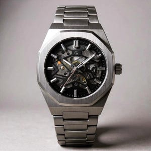 Pode incluir: Um relógio esqueleto prateado com caixa geométrica e bracelete integrada. O relógio apresenta um mostrador preto com mecanismos internos visíveis e ponteiros prateados. Acabamento escovado e coroa lateral.