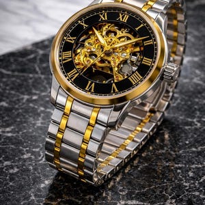 Men’s Automatic Skeleton Watch – Vintage Two-Tone Gold & Silver Skeleton Dial, Roman Numerals, Stainless Steel Band – Luxury Gift for Him