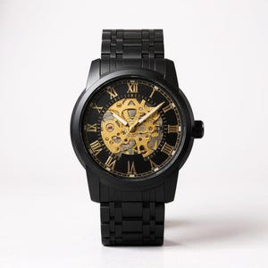 May include: Black wristwatch with a skeleton dial, showcasing the inner workings of the watch. The watch features gold-toned gears and Roman numeral hour markers. The watchband and case are black.