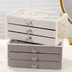 Eleganter 3-lagiger Schmuck-Organizer aus Samt: Vitrine mit transparentem Deckel für Ringe, Ohrringe und Halsketten