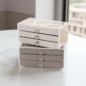 Velvet Jewelry Box Organizer with Drawers – Acrylic Lid, Crystal Knobs, Stackable Velvet Storage, Elegant Gift for Her, Dresser Organizer