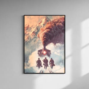 May include: Framed art print showing a steam train in a snowy mountain scene. Three figures in long coats and hats walk towards the train. The artwork has a vintage, cinematic style, with a dramatic sky and snow.