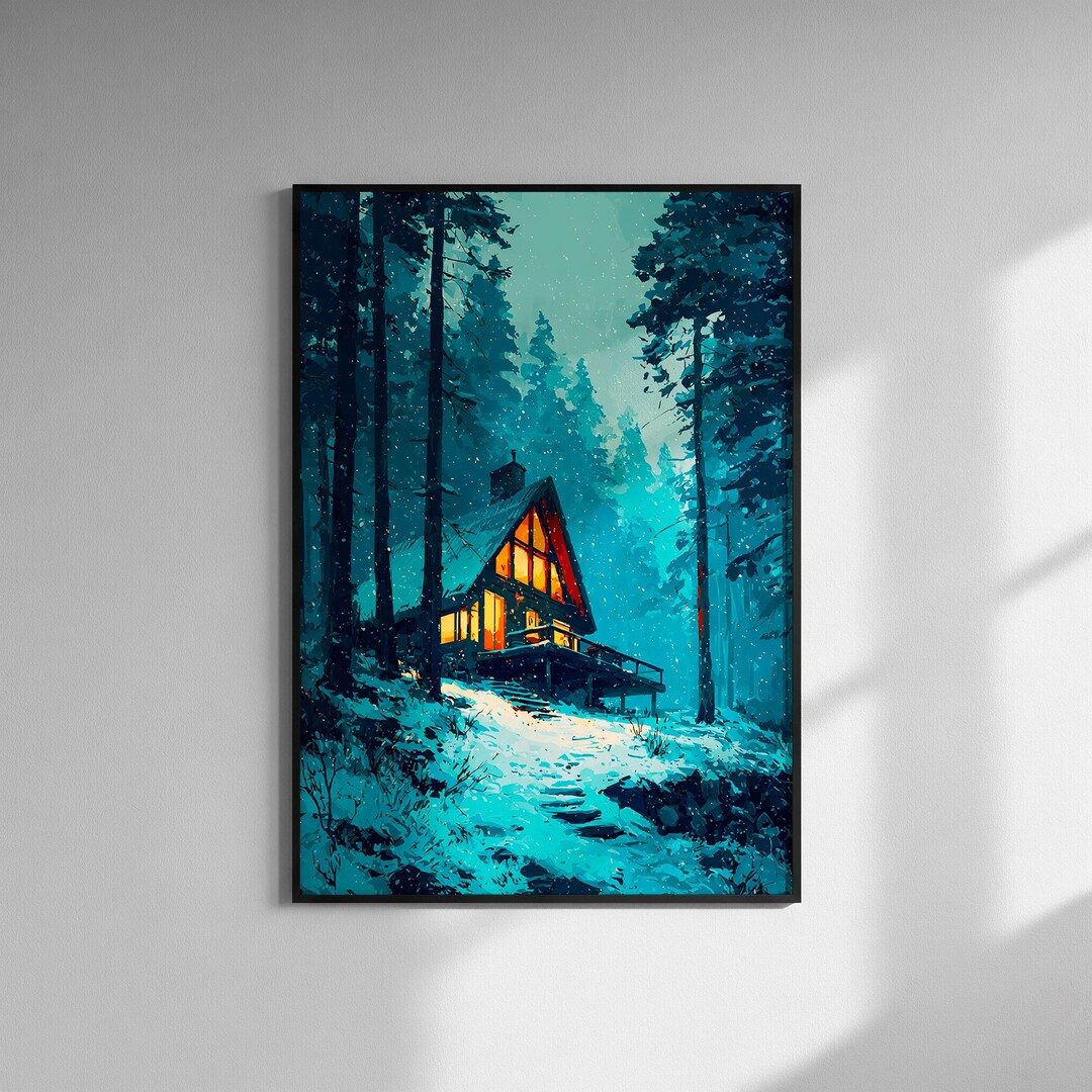 Cozy Cabin Winter Forest Poster - Snowy Landscape Art Print - Rustic ...