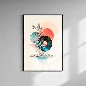 Op de afbeelding: Een ingelijste kunstdruk met een vinylplaatontwerp met een stadsgezicht en bloemelementen. Het kunstwerk gebruikt turquoise, koraal en crèmekleuren, met een minimalistische esthetiek. De print zit in een zwart frame.
