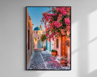 Arte de callejones de Santorini - Lámina de la hora dorada - Decoración de pared de isla griega - Póster de paisaje