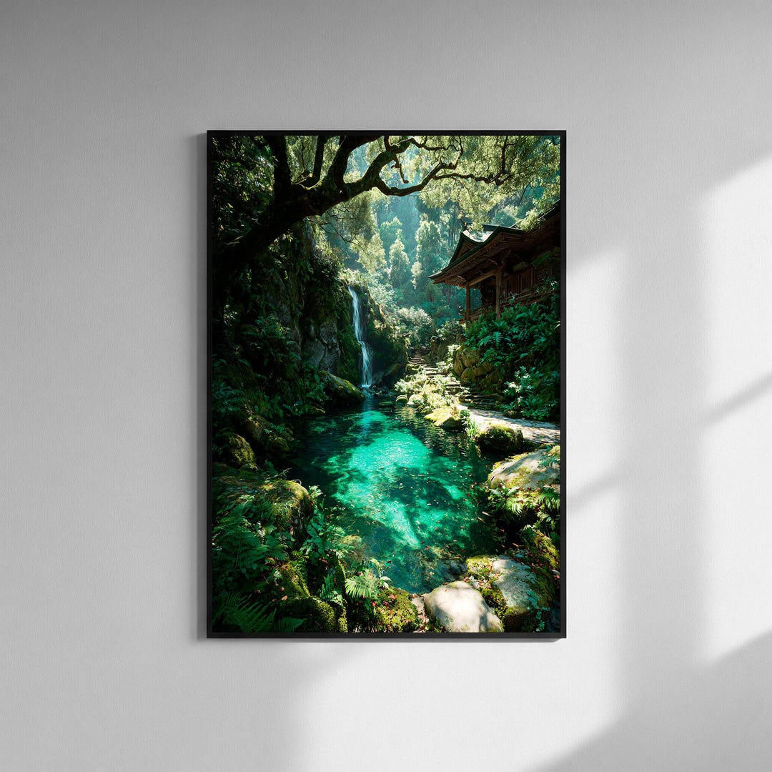 Moss Temple Print - Japanese Waterfall Art - Forest Wall Decor - Etsy