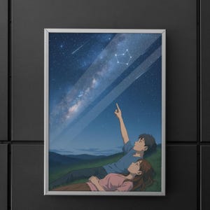 Lámina artística de pareja de anime observando estrellas, póster de cielo nocturno apacible, arte mural de la Vía Láctea y estrellas fugaces, decoración romántica y serena.