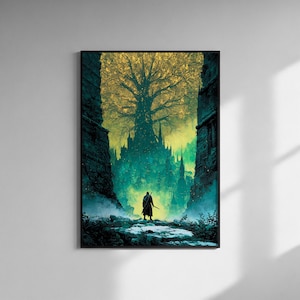 Puede incluir: Una impresión artística enmarcada que presenta un paisaje de fantasía. Una figura silueteada se encuentra frente a un castillo y un gran árbol con hojas doradas. La escena está enmarcada por estructuras de piedra oscura, con un fondo verde y turquesa.