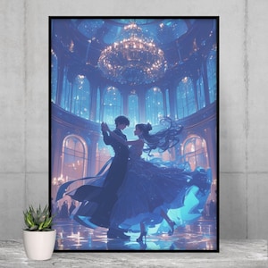 Arte mural de cuento de hadas, póster de pareja de anime Princesscore, impresión de baile de salón Royalcore, decoración del hogar de la academia romántica mágica