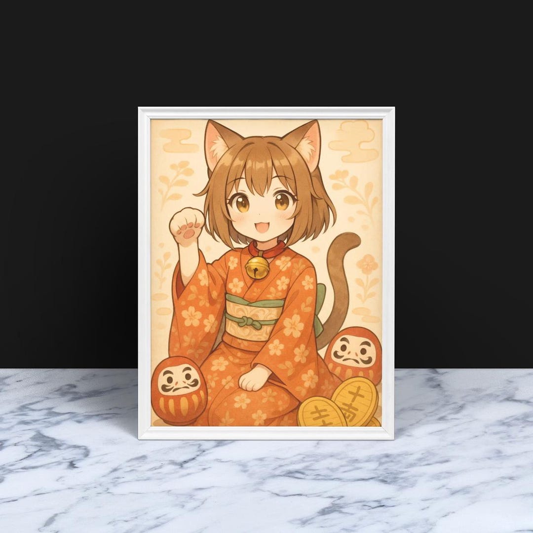 Vintage Lucky Catgirl Poster – Maneki Neko Anime Wall Art Print, Retro ...