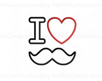 I Love Mustache Applique Design Instant Download