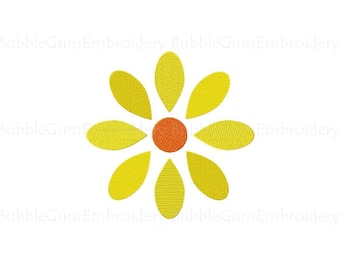 May include: A yellow flower with eight petals and an orange centre.