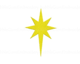 May include: A yellow eight-pointed star with a long point at the bottom. The star is a common symbol of Christmas and the holiday season.