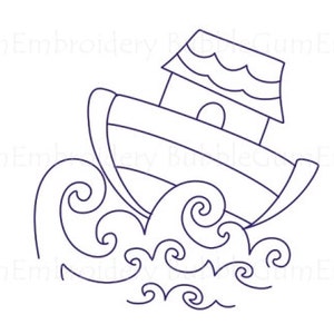 May include: A black and white line drawing of a boat with a house-like roof on top, sailing through wavy water.
