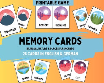 Tarjetas didácticas bilingües en inglés y alemán / Juego de memoria de vocabulario de la naturaleza / Imprimible para niños