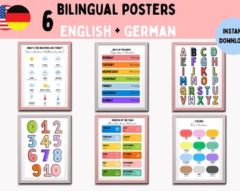 6 carteles educativos en alemán e inglés para niños, aprendizaje bilingüe, set imprimible, material para educación en casa, descarga digital