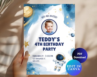 Invitación de cumpleaños de estrellas cósmicas, plantilla editable de Canva (descarga digital)