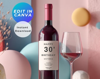 Plantilla de etiqueta de vino de cumpleaños personalizada, elegante estilo perfume (descarga digital)