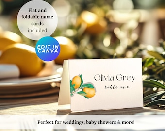 Tarjetas de mesa mediterráneas con temática de limón y aceitunas, editables en Canva (PDF)