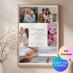 May include: A collage of photos with a Happy Mother's Day message and the words "PS I love you". The collage features photos of mothers and children, including a photo of a bouquet of pink flowers.