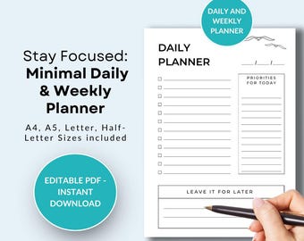 Planificador diario minimalista con temática marina, PDF imprimible (A4, A5, Carta)