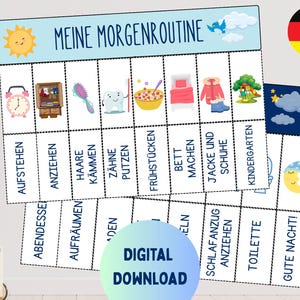 May include: A printable chart with illustrations and German text for a morning routine. The chart includes images of an alarm clock, getting dressed, brushing hair, brushing teeth, eating breakfast, making the bed, putting on a jacket and shoes, and going to kindergarten.