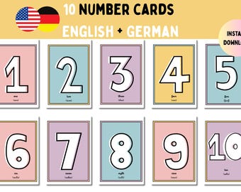 Tarjetas didácticas bilingües de números en inglés y alemán / PDF imprimible con estilo para niños y principiantes