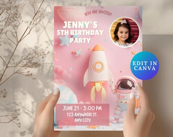 Invitación de cumpleaños con estrellas rosas – Plantilla editable de Canva – Invitación para fiesta de niña – Imprimible y digital – Descarga instantánea