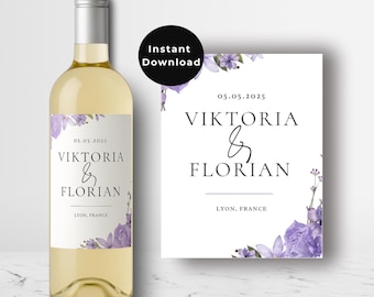 Etiqueta de vino floral para boda / Personalizable, regalo de compromiso (descarga digital)