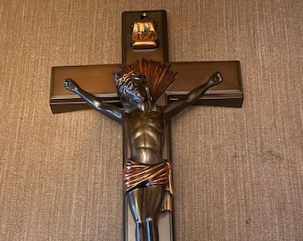 Beautiful 1950s Crucifix, 2-Tone Bronze/Brass, Modern/Deco Parsons Coffin topper, Large 14" Jesus Christ on Cross, Like New, Goth, Occult