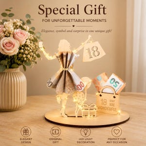 May include: A wooden cutout figure of a person wearing a dress made of folded paper currency, holding a shopping bag with the number 18. The display includes a small wooden gift box, a balloon, and a bag labeled 18 STAY XRE WONDERFUL, all illuminated by warm LED string lights on a circular base.