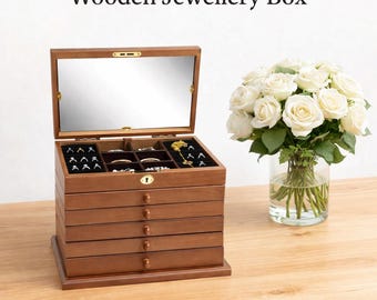 Wooden Jewellery Box with Mirror & Lock, 6 Drawer Jewelry Organizer, Personalized Wooden Jewelry Storage, Gift for Her