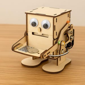Puede incluir: Un juguete robot de madera con ojos saltones, una ranura para monedas y una bandeja para guardarlas. El robot tiene un brazo y piernas móviles.