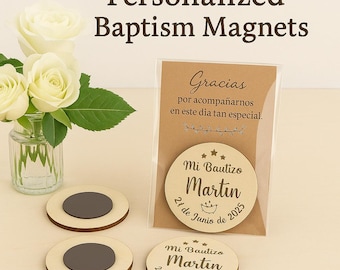 Personalized Baptism Magnet Favors: Engraved Wooden Christening Souvenirs, Set of 10.