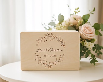 Personalized Wedding Keepsake Box: Floral Engraved Wood Memory Box.