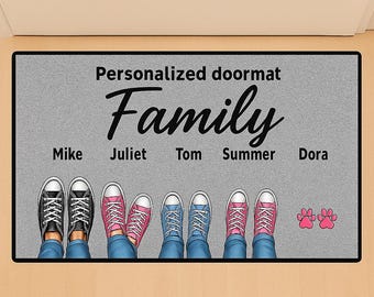 Zerbino personalizzato per famiglie: zerbino di benvenuto con scarpe e zampe, regalo personalizzato per gli amanti degli animali.