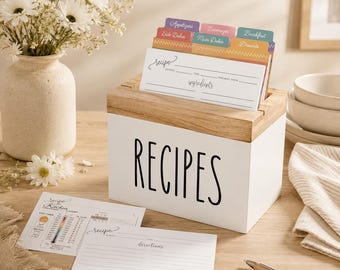 Wooden Recipe Box for Cards & Dividers | Farmhouse Kitchen Organizer