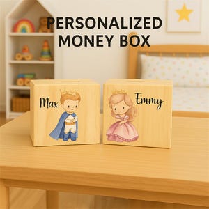 Personalized Wooden Money Box: Prince, Princess, Knight, Ballerina - Kids Birthday Gift.