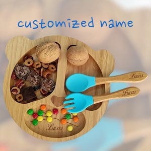 Personalized Cartoon Baby wooden Tableware Set, Food Grade Bowl, Waterproof Spoon & Bamboo Plate ,Baby Feeding Gift,Baby Shower Gift