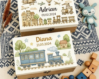 Personalized Baby Memory Box: Rustic Wooden Keepsake, Transport Theme.