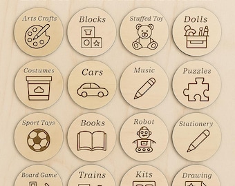 Personalized Wooden Storage Tags: Nursery and Playroom Organization, Set of 16.