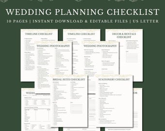 May include: A collection of printable wedding planning checklists on white paper with a decorative border. The text includes "Wedding Planning Checklist", "Timeline Checklist", "Wedding Photography", and "Stationery Checklist". The background is dark green.
