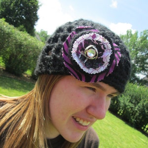 Crochet Beanie with Fabric Flower