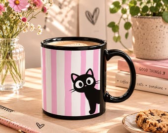 Cute Black Cat Mug, Funny Cat Coffee Mug, Cat Lover Gift, Peekaboo Cat Mug, Striped Ceramic Mug, Minimalist Cat Cup, Cute Tea Mug