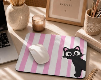 Black Cat Mouse Pad, Cute Cat Mousepad, Pink Desk Accessories, Cat Lover Gift, Cat Mom Gift, Kawaii Office Decor, Cute Desk Mat