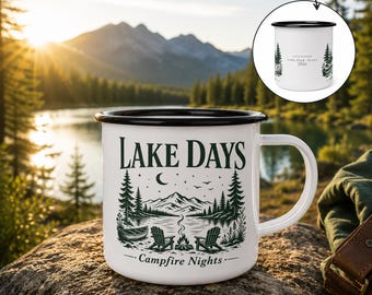 Personalized Lake Mug, Lake House Camp Mug, Camping Enamel Mug, Custom Campfire Mug, Cabin Coffee Cup, Outdoor Gift, Lake Gift