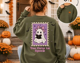 Too Cute To Spook Ghost Sweatshirt, Cute Halloween Crewneck, Personalized Ghost Sweatshirt, Pink Bow Ghost Shirt, Gildan 18000