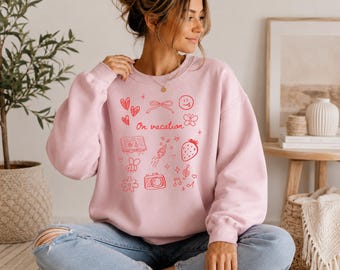 On Vacation Sweatshirt, Cute Doodle Crewneck, Girly Aesthetic Sweatshirt, Whimsical Graphic Sweater, Travel Lover Gift, Gildan 18000