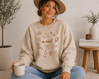Mood Sweatshirt, Cute Doodle Crewneck, Trendy Graphic Sweatshirt, Whimsical Aesthetic Sweater, Eclectic Crewneck, Gift for Her