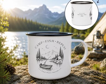 Personalized Camping Mug, Camp Fish Repeat Enamel Mug, Custom Fishing Mug, Camper Gift, Lake House Mug, Outdoor Coffee Cup